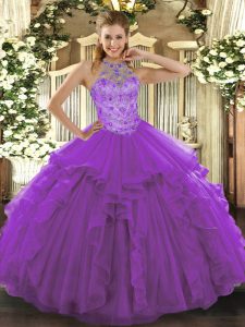 Latest Purple Sleeveless Organza Lace Up Quinceanera Gowns for Military Ball and Sweet 16 and Quinceanera
