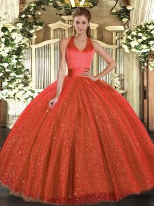 Sleeveless Floor Length Sequins Lace Up Quinceanera Dresses with Rust Red