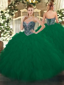 Pretty Tulle Sweetheart Sleeveless Lace Up Beading and Ruffles Quinceanera Gowns in Dark Green
