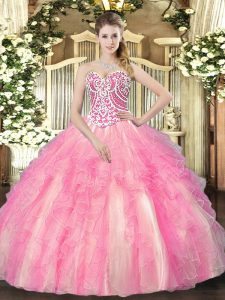 Rose Pink Quinceanera Gowns Military Ball and Sweet 16 and Quinceanera with Beading and Ruffles Sweetheart Sleeveless Lace Up