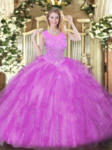 Scoop Sleeveless Tulle Quinceanera Gown Beading and Ruffles Zipper