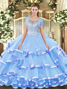 Latest Floor Length Clasp Handle 15th Birthday Dress Aqua Blue for Military Ball and Sweet 16 and Quinceanera with Beading and Ruffled Layers