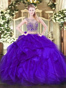 Purple Lace Up Scoop Beading and Ruffles Quince Ball Gowns Organza Sleeveless