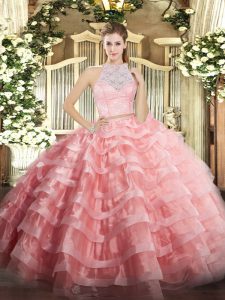 Tulle Scoop Sleeveless Zipper Lace and Ruffled Layers 15th Birthday Dress in Watermelon Red