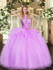 Halter Top Sleeveless Quince Ball Gowns Floor Length Beading Lilac Organza
