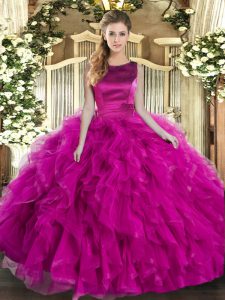 Glittering Ball Gowns Quinceanera Dress Fuchsia Scoop Tulle Sleeveless Floor Length Lace Up