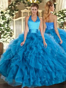 Classical Floor Length Baby Blue Sweet 16 Dresses Halter Top Sleeveless Lace Up