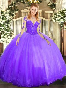 Deluxe Long Sleeves Floor Length Lace Lace Up Vestidos de Quinceanera with Lavender