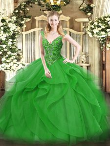 Fine Sleeveless Floor Length Beading and Ruffles Lace Up Vestidos de Quinceanera with Green