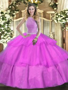 Noble Lilac Sleeveless Floor Length Beading and Ruffled Layers Lace Up Sweet 16 Dress