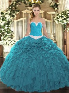 Elegant Teal Sleeveless Appliques and Ruffles Floor Length Quinceanera Gowns