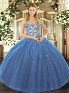 Straps Sleeveless Tulle Quinceanera Gowns Appliques Lace Up
