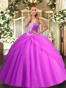 Superior Lilac Ball Gowns Beading and Pick Ups Quinceanera Gown Lace Up Tulle Sleeveless Floor Length