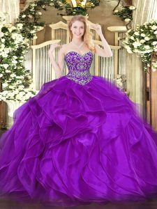 Edgy Eggplant Purple Ball Gowns Organza Sweetheart Sleeveless Beading and Ruffles Floor Length Lace Up Quinceanera Dresses
