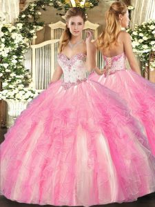 Rose Pink Ball Gowns Beading and Ruffles Quinceanera Gown Lace Up Tulle Sleeveless Floor Length