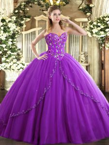 Eggplant Purple Lace Up Sweetheart Appliques and Embroidery Quinceanera Dress Tulle Sleeveless Brush Train