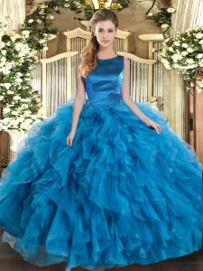 Customized Teal Ball Gowns Tulle Scoop Sleeveless Ruffles Floor Length Lace Up Sweet 16 Dresses