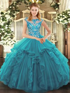 Designer Teal Cap Sleeves Organza Lace Up 15 Quinceanera Dress for Sweet 16 and Quinceanera
