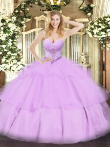Lavender Quinceanera Gowns Military Ball and Sweet 16 and Quinceanera with Beading and Ruffled Layers Sweetheart Sleeveless Lace Up