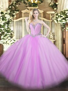 Fancy Lavender Ball Gowns Sweetheart Sleeveless Tulle Floor Length Lace Up Beading Sweet 16 Dresses