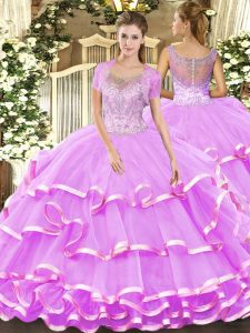 Classical Floor Length Clasp Handle 15th Birthday Dress Lilac for Military Ball and Sweet 16 and Quinceanera with Beading and Ruffled Layers