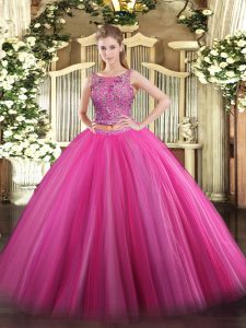 High Class Hot Pink Lace Up Military Ball Gowns Beading Sleeveless Floor Length