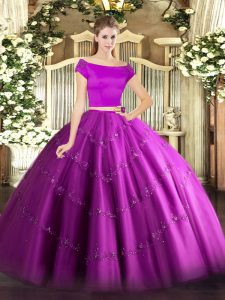 Fuchsia Zipper Off The Shoulder Appliques 15 Quinceanera Dress Tulle Short Sleeves