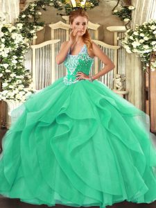 Elegant Turquoise Straps Neckline Beading and Ruffles Quinceanera Gown Sleeveless Lace Up