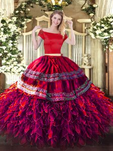 Simple Fuchsia Two Pieces Off The Shoulder Short Sleeves Organza and Taffeta Floor Length Zipper Embroidery and Ruffles 15 Quinceanera Dress