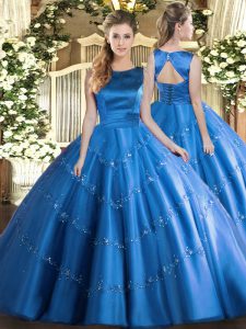 Cheap Sleeveless Floor Length Appliques Lace Up Quinceanera Dress with Baby Blue