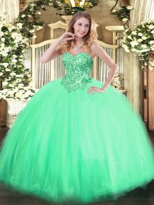On Sale Apple Green Sweetheart Neckline Appliques Quinceanera Dresses Sleeveless Lace Up