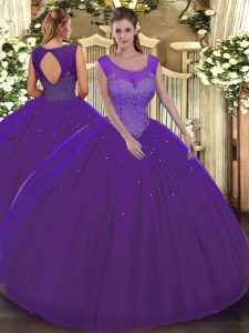 Purple Ball Gown Prom Dress Military Ball and Sweet 16 and Quinceanera with Beading Scoop Sleeveless Backless
