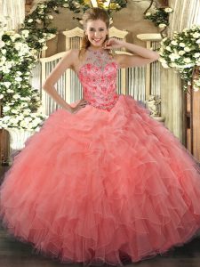 Halter Top Sleeveless 15th Birthday Dress Floor Length Beading and Embroidery Watermelon Red Organza
