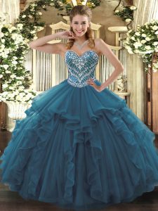 On Sale Teal Sweetheart Lace Up Beading and Ruffles Quince Ball Gowns Sleeveless