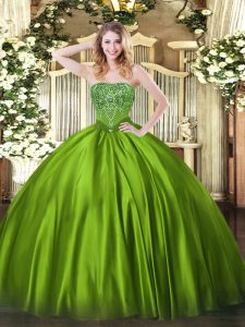 Olive Green Ball Gowns Strapless Sleeveless Satin Floor Length Lace Up Beading Quinceanera Gowns