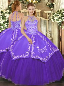 Purple Ball Gowns Halter Top Sleeveless Satin and Tulle Floor Length Lace Up Beading and Embroidery Quinceanera Gown