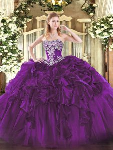 Floor Length Dark Purple Vestidos de Quinceanera Organza Sleeveless Beading and Ruffles