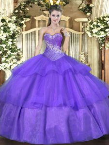 Lavender Ball Gowns Beading and Ruffled Layers 15 Quinceanera Dress Lace Up Tulle Sleeveless Floor Length