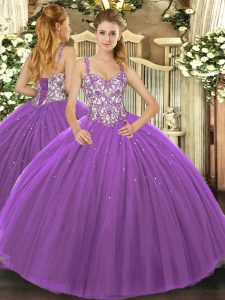 Tulle Sleeveless Floor Length Quinceanera Gowns and Beading and Appliques