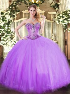 Super Lavender Tulle Lace Up Sweetheart Sleeveless Floor Length Military Ball Gown Beading