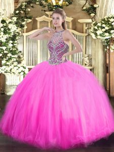 Halter Top Sleeveless Lace Up 15 Quinceanera Dress Rose Pink Tulle