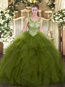 Affordable Olive Green Sleeveless Tulle Lace Up Quinceanera Dresses for Sweet 16 and Quinceanera