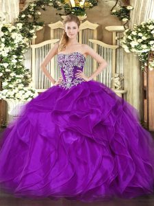 Sophisticated Purple Ball Gowns Strapless Sleeveless Organza Floor Length Lace Up Beading and Ruffles Ball Gown Prom Dress