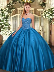 Blue Ball Gowns Sweetheart Sleeveless Satin Floor Length Lace Up Beading 15 Quinceanera Dress