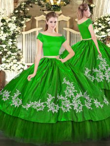 Green Off The Shoulder Zipper Embroidery Quinceanera Gowns Short Sleeves