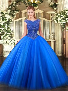 Fabulous Royal Blue Tulle Zipper Sweet 16 Dresses Sleeveless Floor Length Beading and Appliques