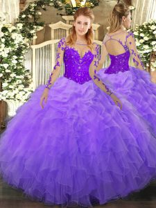 Lavender Lace Up Military Ball Gown Lace and Ruffles Long Sleeves Floor Length