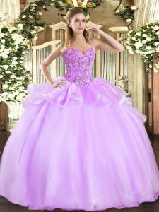 Modest Lilac Organza Lace Up Sweetheart Sleeveless Floor Length Military Ball Gown Embroidery