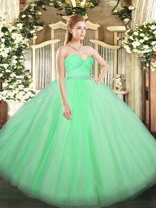 Super Sleeveless Floor Length Beading and Lace Zipper Military Ball Dresses with Apple Green