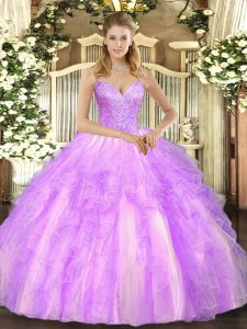 Fantastic Lilac V-neck Neckline Beading and Ruffles Sweet 16 Dress Sleeveless Lace Up